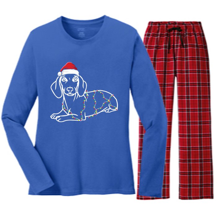 Dachshund Christmas Tree Lights Xmas Cute Dog Doxie Puppy Cool Gift Women's Long Sleeve Flannel Pajama Set 