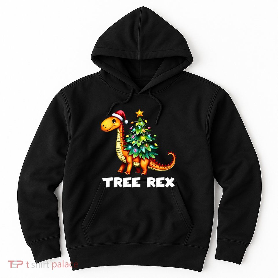 Dinosaur Christmas Tree Rex Pajamas Xmas Lights Hoodie