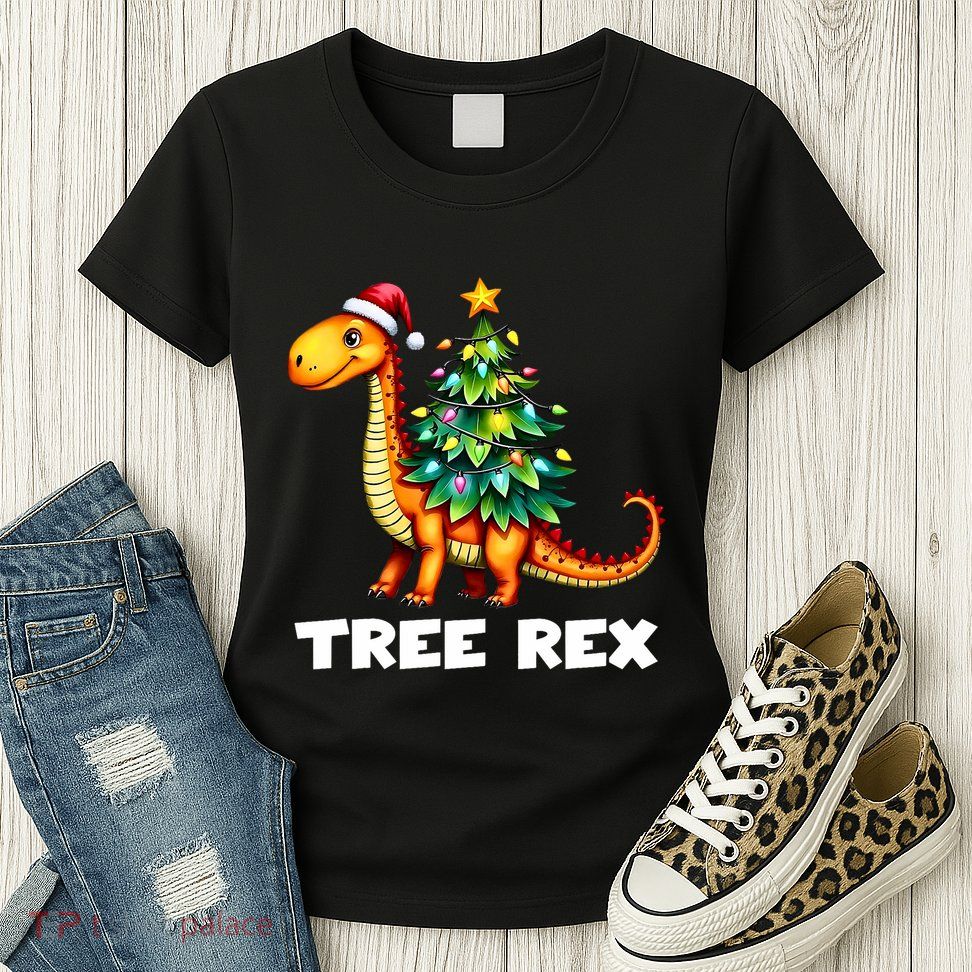 Dinosaur Christmas Tree Rex Pajamas Xmas Lights Womens T-Shirt