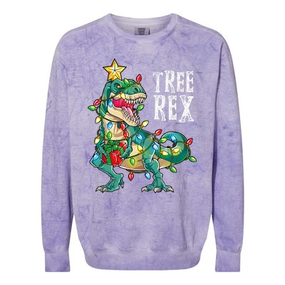 Dinosaur Christmas Tree Rex Pajamas Xmas Lights Colorblast Crewneck Sweatshirt