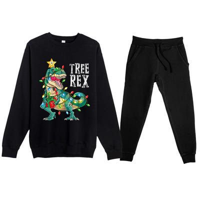 Dinosaur Christmas Tree Rex Pajamas Xmas Lights Premium Crewneck Sweatsuit Set