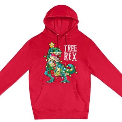 Dinosaur Christmas Tree Rex Pajamas Xmas Lights Premium Pullover Hoodie