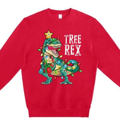 Dinosaur Christmas Tree Rex Pajamas Xmas Lights Premium Crewneck Sweatshirt