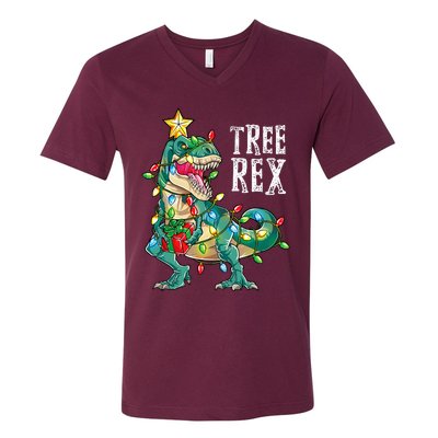 Dinosaur Christmas Tree Rex Pajamas Xmas Lights V-Neck T-Shirt