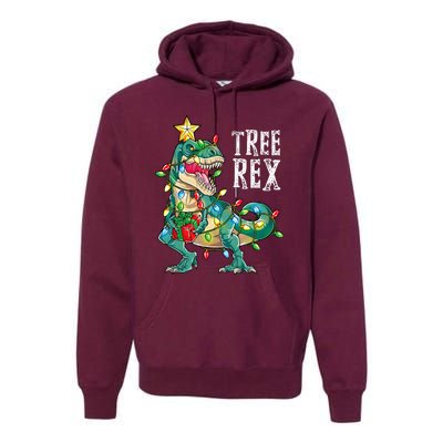 Dinosaur Christmas Tree Rex Pajamas Xmas Lights Premium Hoodie