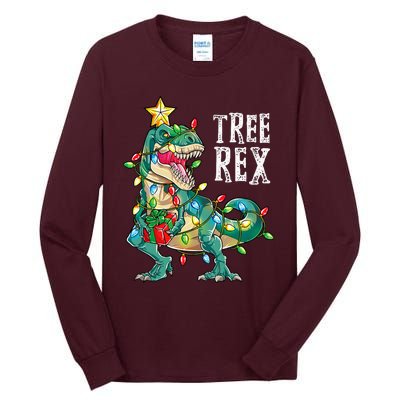 Dinosaur Christmas Tree Rex Pajamas Xmas Lights Tall Long Sleeve T-Shirt