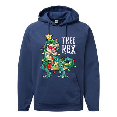 Dinosaur Christmas Tree Rex Pajamas Xmas Lights Performance Fleece Hoodie