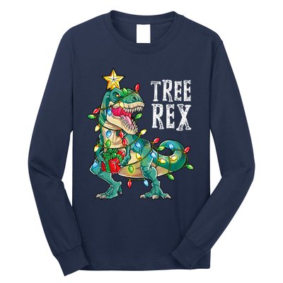 Dinosaur Christmas Tree Rex Pajamas Xmas Lights Long Sleeve Shirt