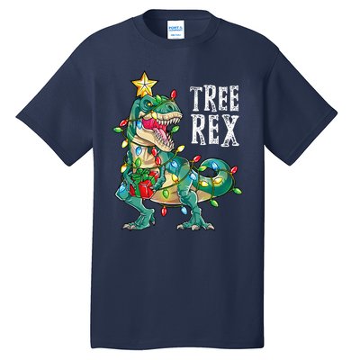 Dinosaur Christmas Tree Rex Pajamas Xmas Lights Tall T-Shirt