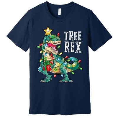 Dinosaur Christmas Tree Rex Pajamas Xmas Lights Premium T-Shirt