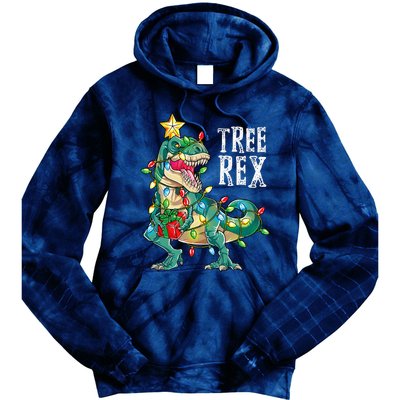 Dinosaur Christmas Tree Rex Pajamas Xmas Lights Tie Dye Hoodie