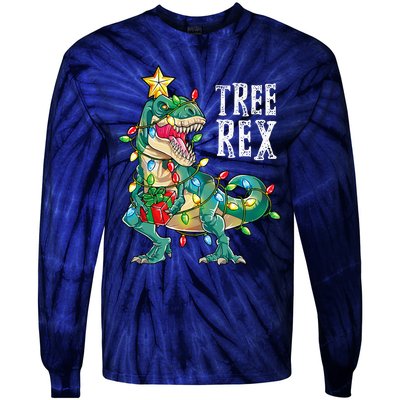 Dinosaur Christmas Tree Rex Pajamas Xmas Lights Tie-Dye Long Sleeve Shirt