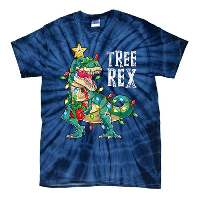 Dinosaur Christmas Tree Rex Pajamas Xmas Lights Tie-Dye T-Shirt