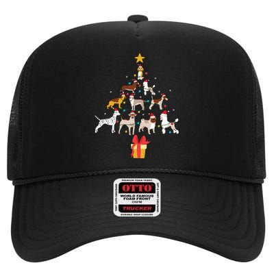 Dog Christmas Tree Lights Dog Lover Funny Xmas High Crown Mesh Back Trucker Hat