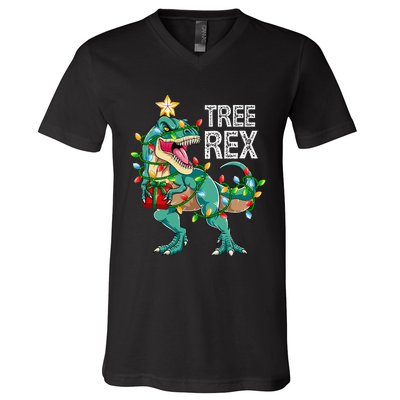 Dinosaur Christmas Tree Lights T Rex Gifts Christmas V-Neck T-Shirt