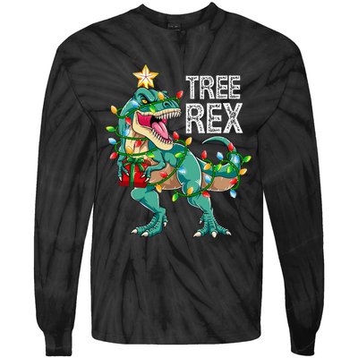 Dinosaur Christmas Tree Lights T Rex Gifts Christmas Tie-Dye Long Sleeve Shirt