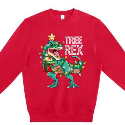 Dinosaur Christmas Tree Lights T Rex Gifts Christmas Premium Crewneck Sweatshirt