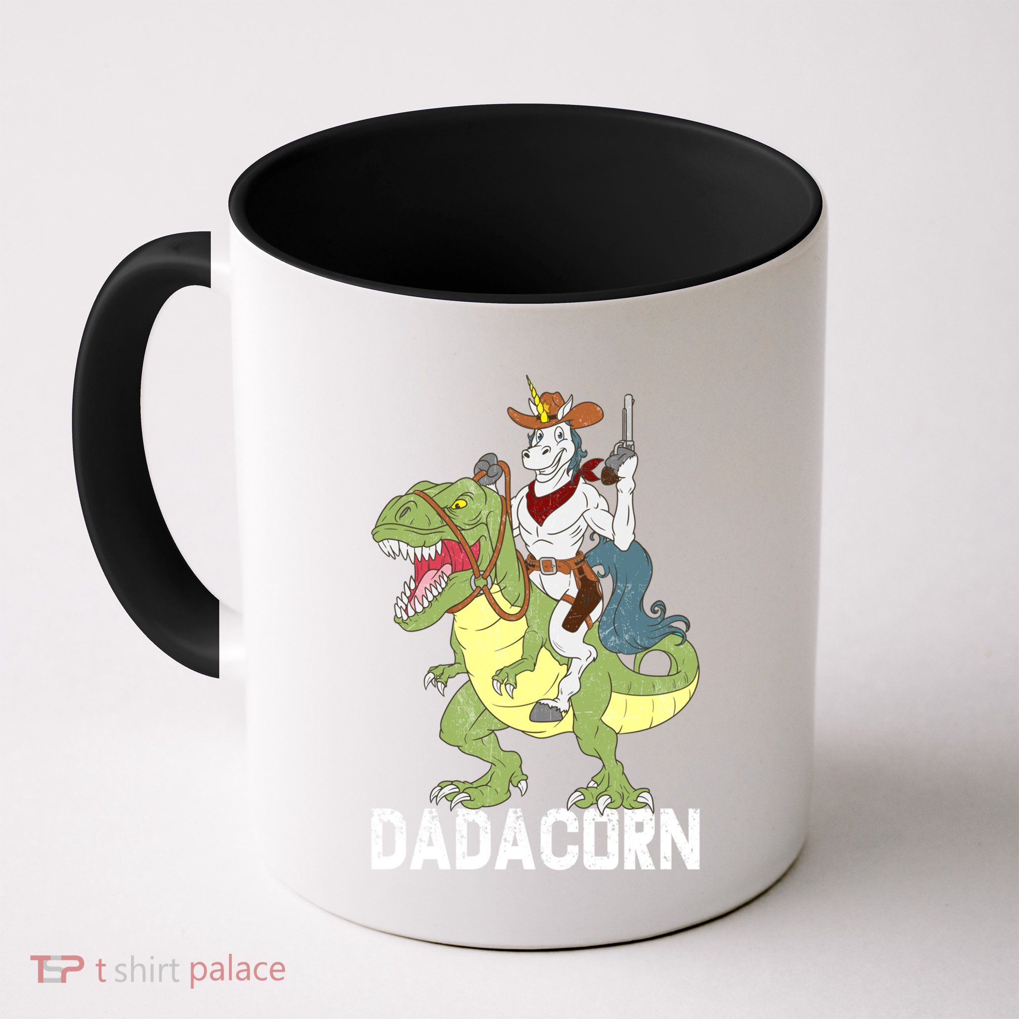 Dadacorn Cow Unicorn Dad Riding Dinosaur Trex Sheriff Gift Mug