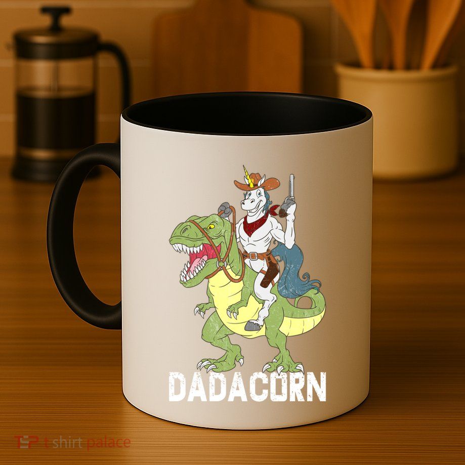 Dadacorn Cow Unicorn Dad Riding Dinosaur Trex Sheriff Gift Mug
