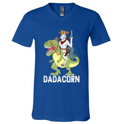 Dadacorn Cow Unicorn Dad Riding Dinosaur Trex Sheriff Gift V-Neck T-Shirt