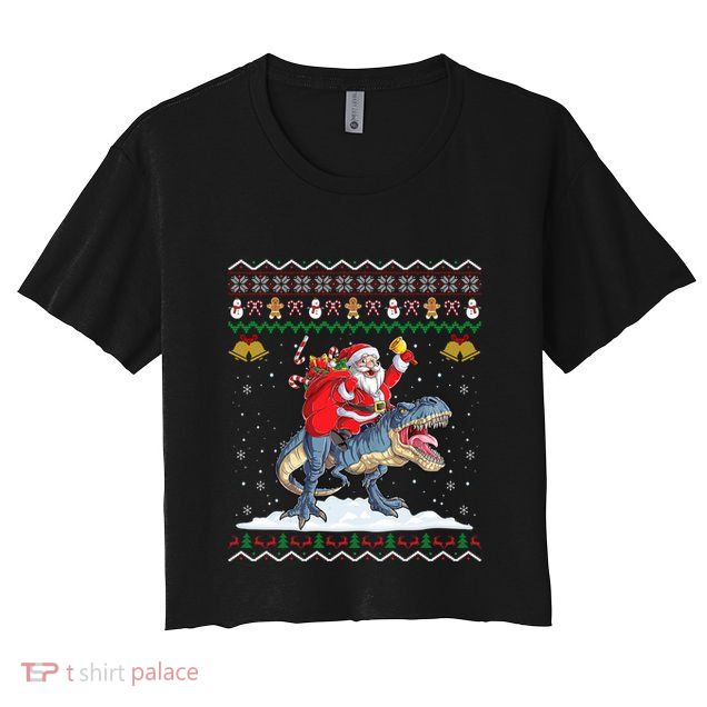 Dinosaur Christmas Ugly Xmas Santa Claus Riding Dinosaur Funny Gift Crop Top