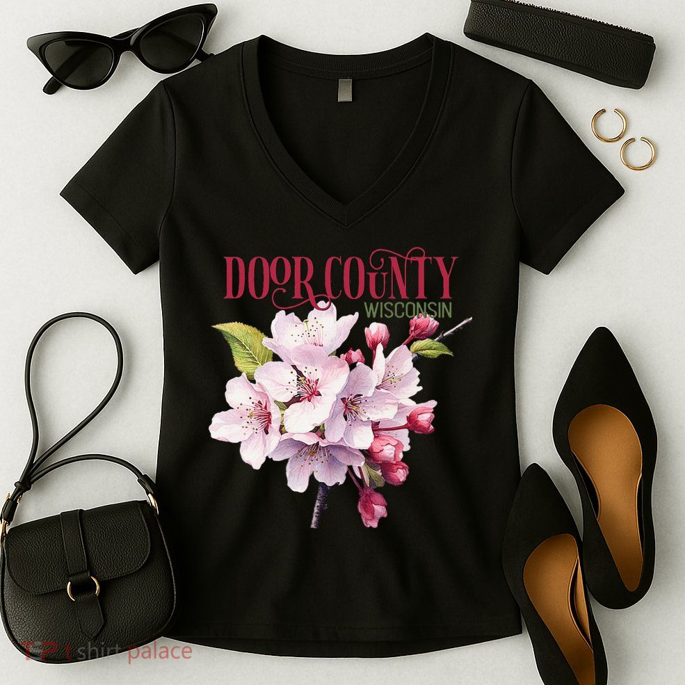 Door County Wisconsin Cherry Blossoms Festival Cherries Women's V-Neck T-Shirt
