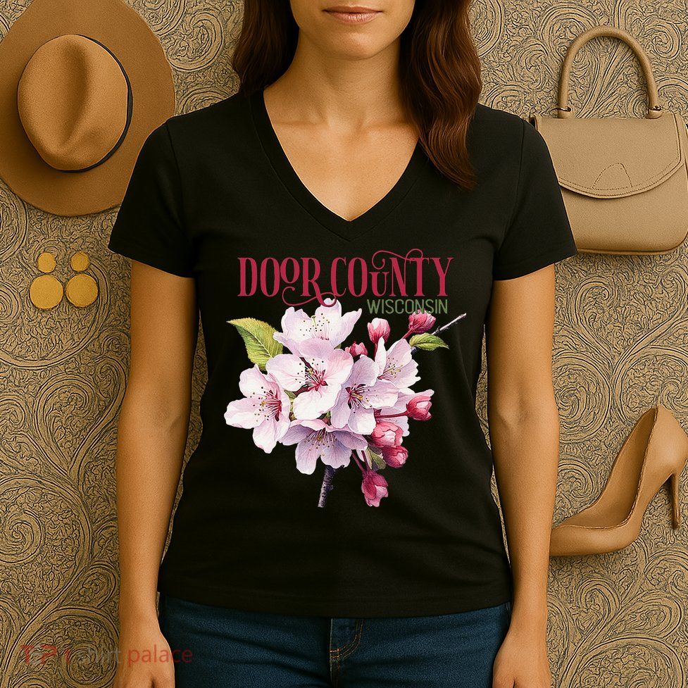 Door County Wisconsin Cherry Blossoms Festival Cherries Women's V-Neck T-Shirt