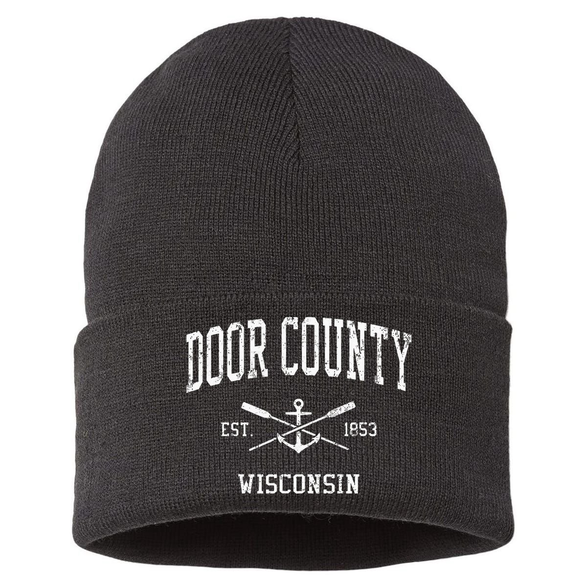 Door County Wi Vintage Crossed Oars & Boat Anchor Sports Sustainable Knit Beanie