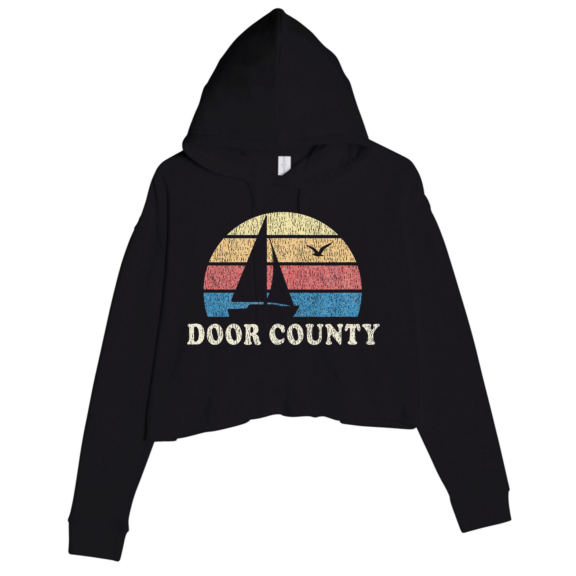 Door County Wi Vintage Sailboat 70s Throwback Sunset Crop Fleece Hoodie