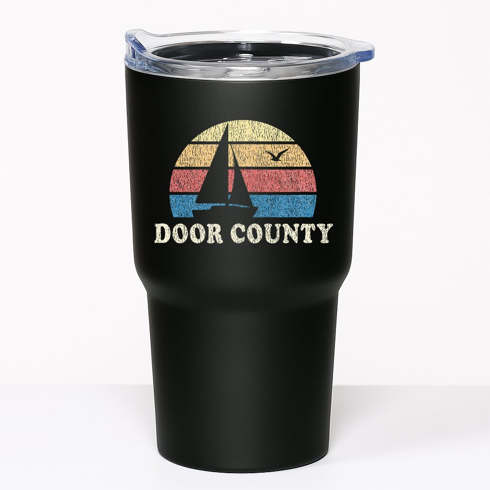 Door County Wi Vintage Sailboat 70s Throwback Sunset Tumbler