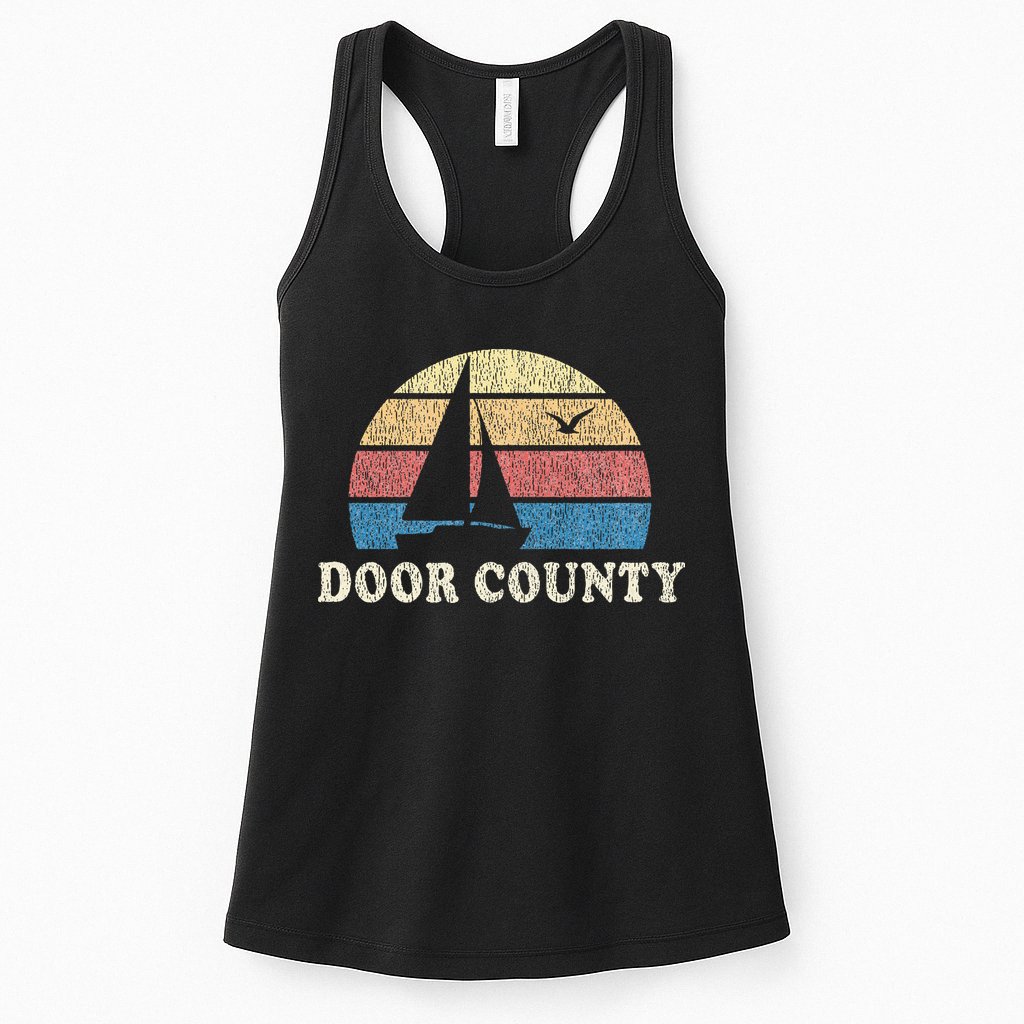 Door County Wi Vintage Sailboat 70s Throwback Sunset Womens Tank Top