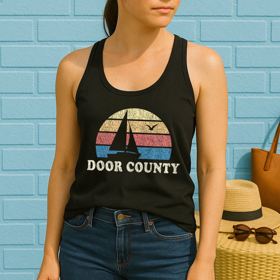 Door County Wi Vintage Sailboat 70s Throwback Sunset Womens Tank Top
