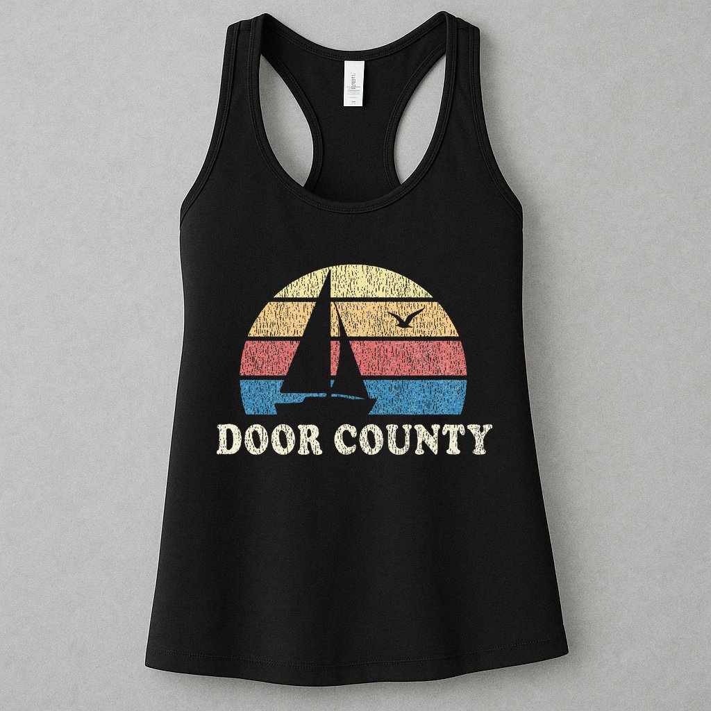 Door County Wi Vintage Sailboat 70s Throwback Sunset Womens Tank Top