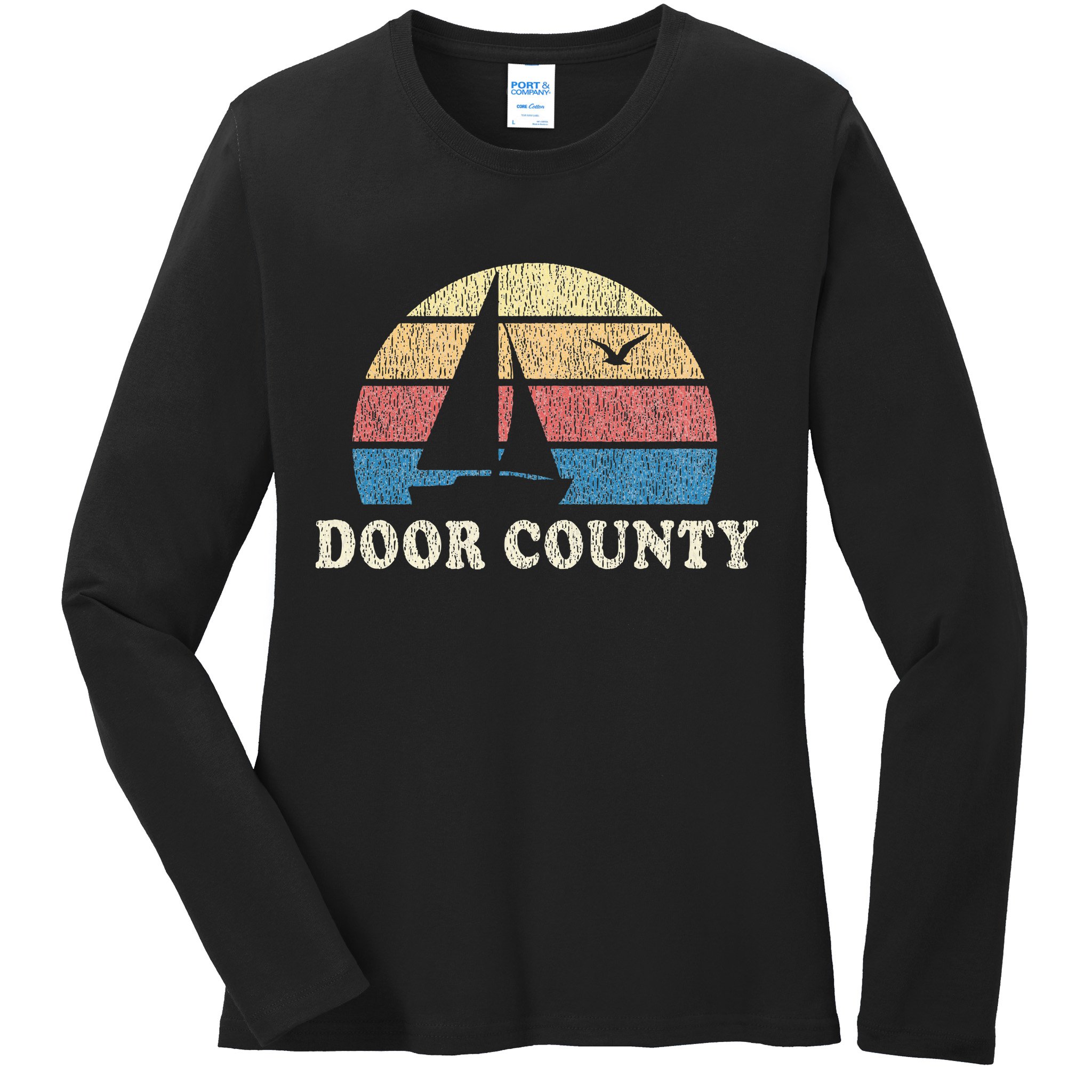 Door County Wi Vintage Sailboat 70s Throwback Sunset Ladies Long Sleeve Shirt