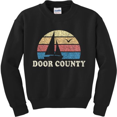 Door County Wi Vintage Sailboat 70s Throwback Sunset Kids Sweatshirt