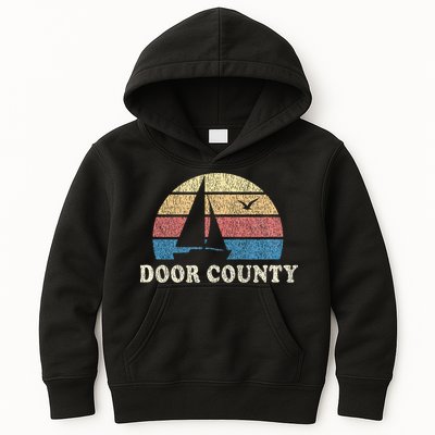 Door County Wi Vintage Sailboat 70s Throwback Sunset Kids Hoodie