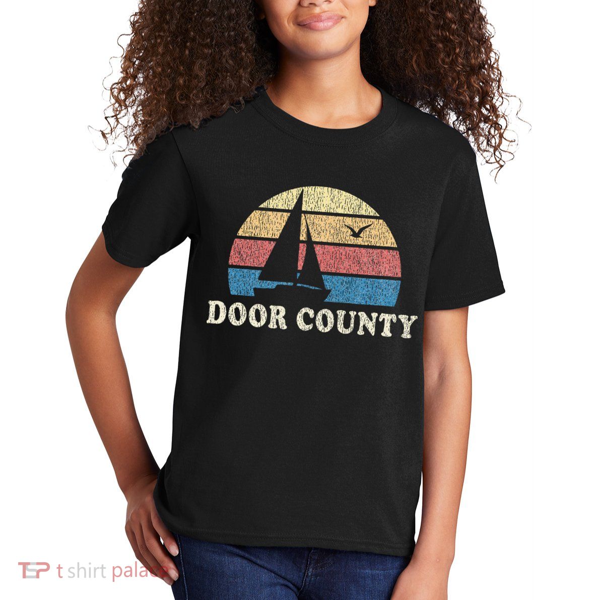 Door County Wi Vintage Sailboat 70s Throwback Sunset Kids T-Shirt