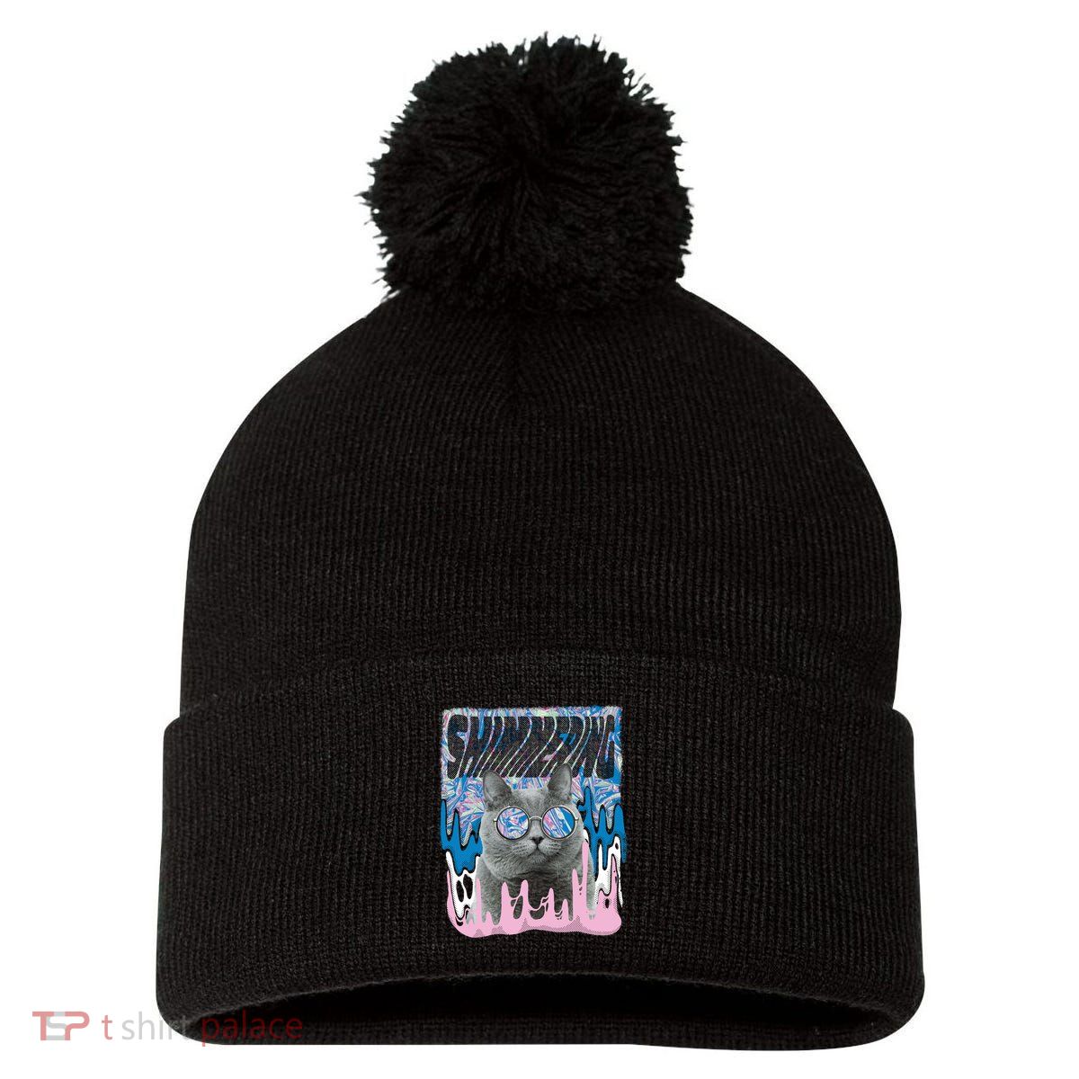 Dazed Cat With Glasses Pom Pom 12in Knit Beanie