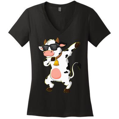 Dabbing Cow Wearing Sunglasses Dab Dance Kids Women's V-Neck T-Shirt