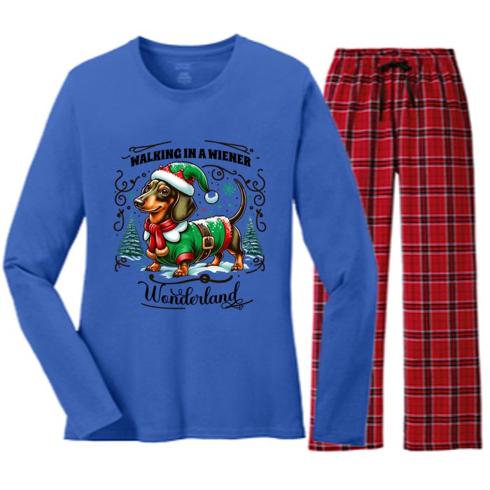 Dachshund Christmas Walking In A Wiener Wonderland Cute Dog Gift Women's Long Sleeve Flannel Pajama Set 