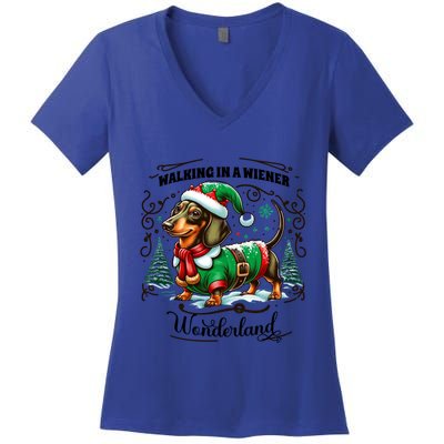 Dachshund Christmas Walking In A Wiener Wonderland Cute Dog Gift Women's V-Neck T-Shirt