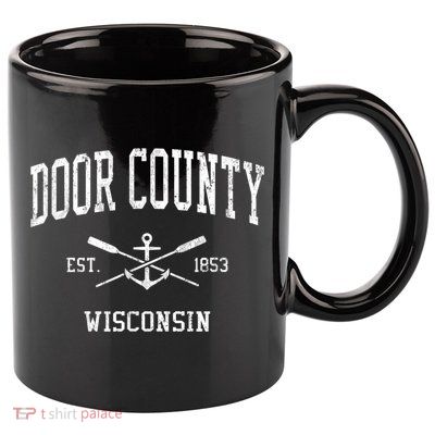 Door County WI Vintage Crossed Oars & Boat Anchor Sports 11oz C Handle Ceramic Mug