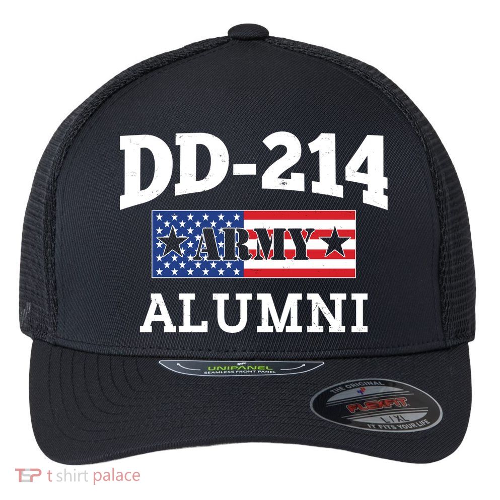 DD-214 Army Alumni US American Flag Flexfit Unipanel Trucker Cap