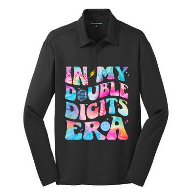 Double Digits 10th Birthday Party Tie Dye Groovy 70's Silk Touch Performance Long Sleeve Polo