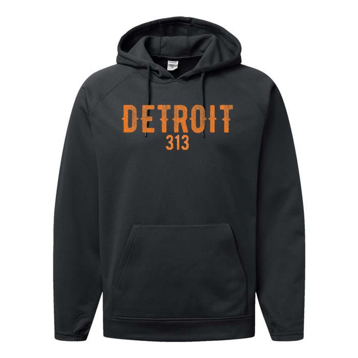 Design Detroit 313 Orange Text Apparel Performance Fleece Hoodie