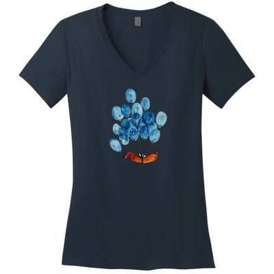 Dachshund Dog And Balloons Women's V-Neck T-Shirt