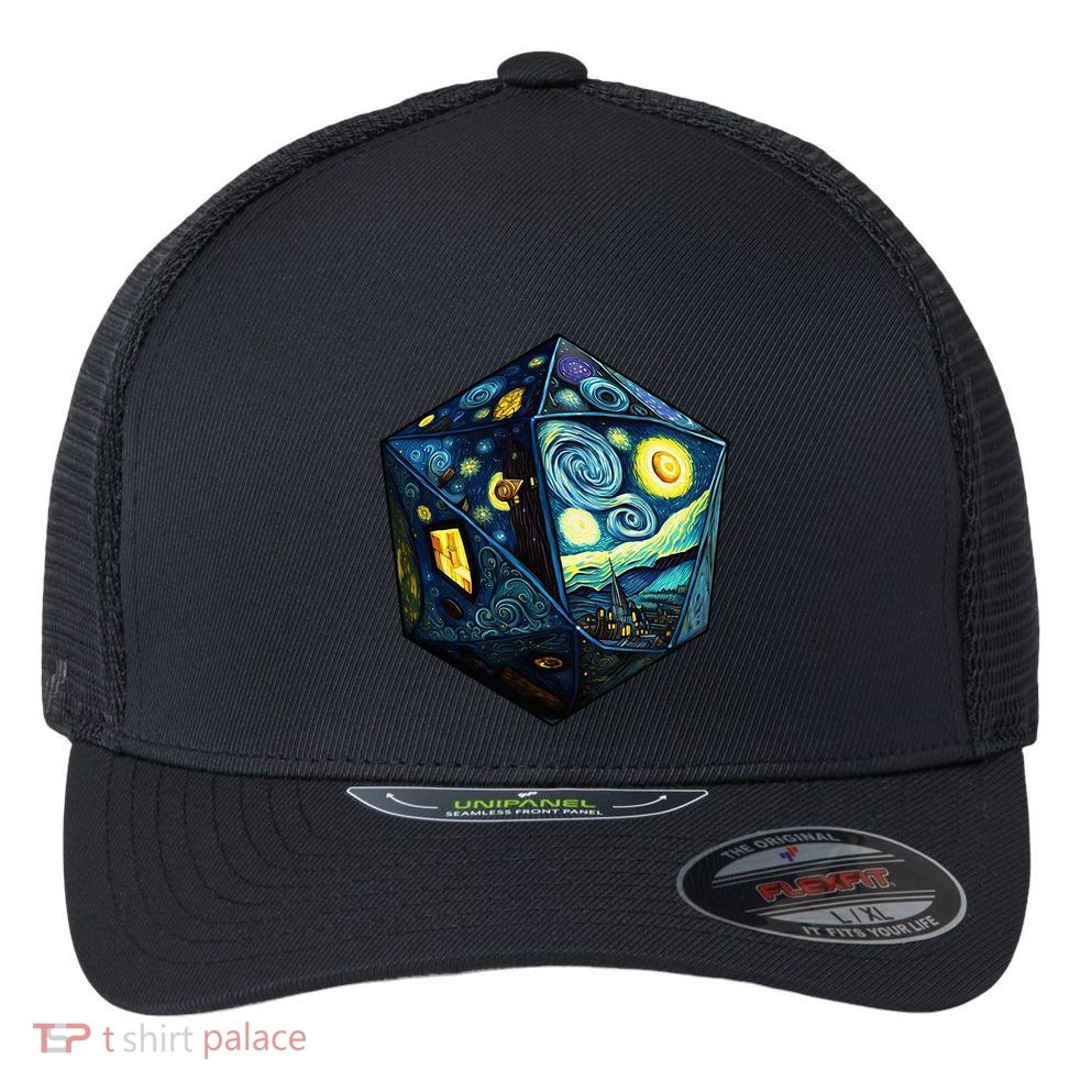 D20 Dice Art Van Gogh Starry Night Cool Realistic D20 Dice Flexfit Unipanel Trucker Cap
