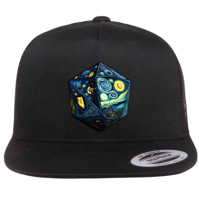 D20 Dice Art Van Gogh Starry Night Cool Realistic D20 Dice Flat Bill Trucker Hat