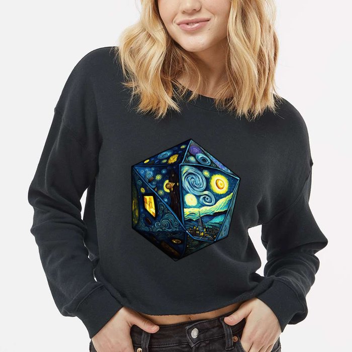 D20 Dice Art Van Gogh Starry Night Cool Realistic D20 Dice Cropped Pullover Crew