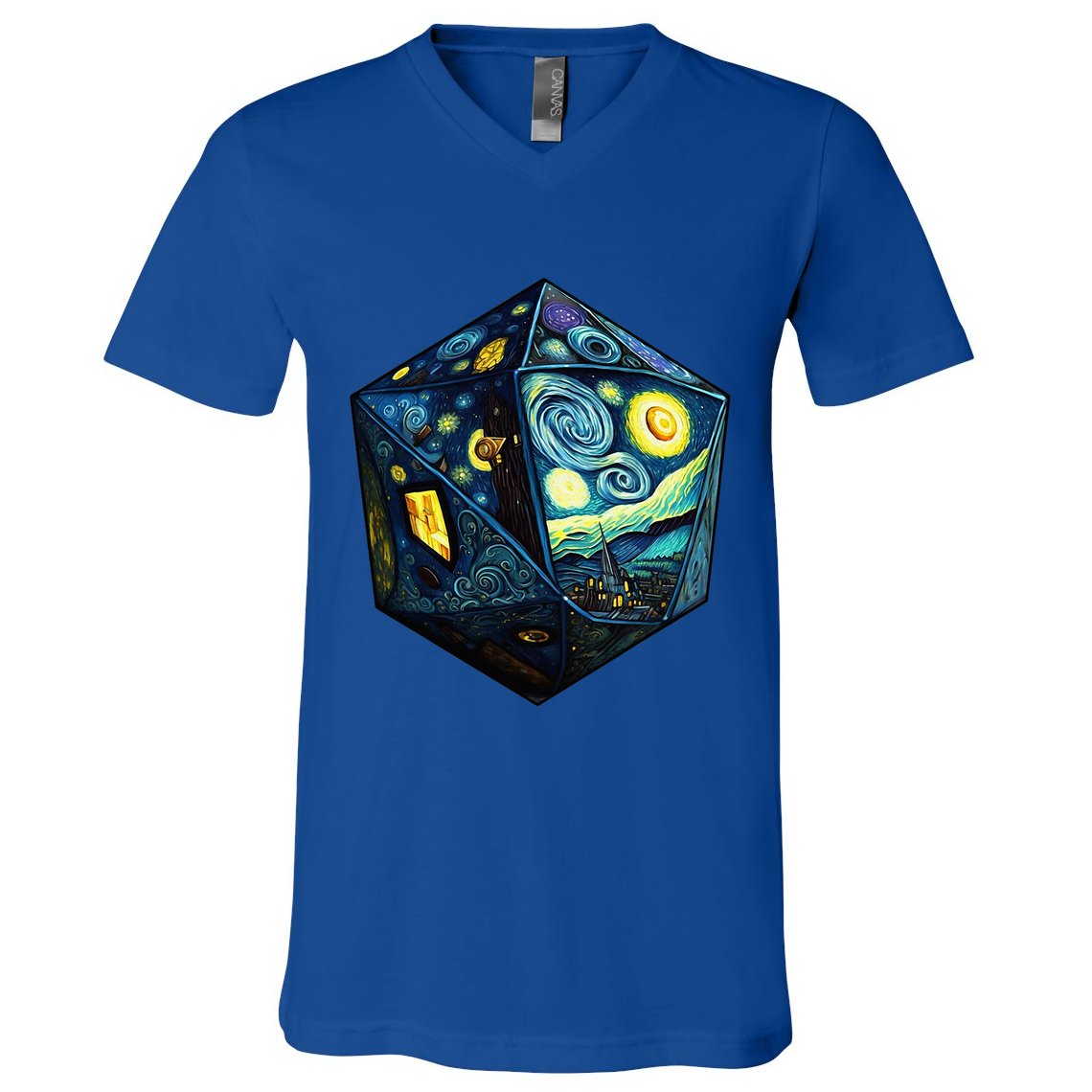 D20 Dice Art Van Gogh Starry Night Cool Realistic D20 Dice V-Neck T-Shirt